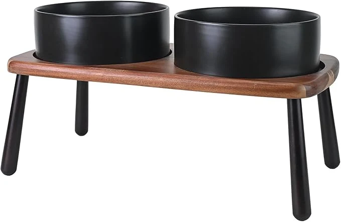 Comfortable SPUNKYJUNKY Ceramic d Dog Bowls Raised with Acacia Bamboo Wooden Stand 8.3” Dog Food Water Bowls Set Non-Slip for Medium Large Sized Breed Microwave Dishwasher Safe – 60 OZ BlackAbout ThisOverview Consistent