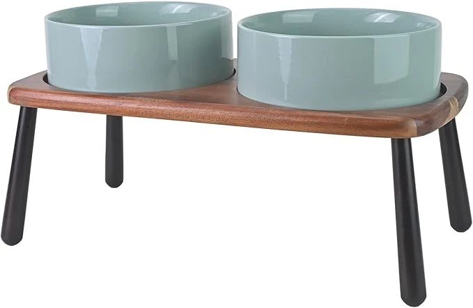 Recyclable SPUNKYJUNKY Ceramic d Dog Bowls Raised with Acacia Bamboo Wooden Stand 8.3” Dog Food Water Bowls Set Non-Slip for Medium Large Sized Breed Microwave Dishwasher Safe – 60 OZ Light GreenAbout ThisOverview Fast