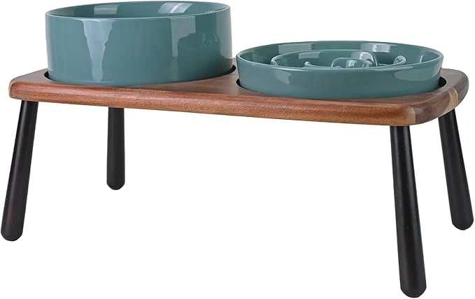 Clean SPUNKYJUNKY Ceramic d Dog Bowls with Slow Feeder Raised Acacia Bamboo Wooden Stand 8.3” Dog Food Water Bowls Set Non-Slip for Medium Large Sized Breed Microwave Dishwasher Safe – Dark GreenAbout ThisOverview Luxury