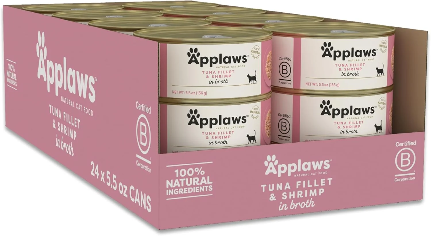 Sophisticated Applaws Natural Wet Cat Food 24 Count Limited Ingredient Canned Wet Cat Food Tuna Fillet with Shrimp in Broth 5.5oz Cans Secure
