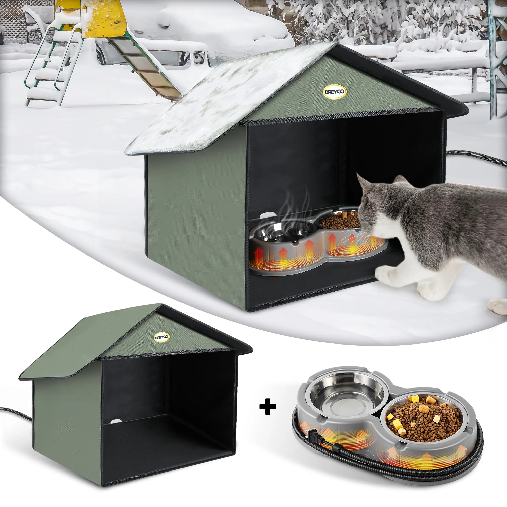 Solid Dreyoo Outdoor Cat Feeding Station with Heated Water Bowl – Weatherproof Cat Shelter Grey Dependable