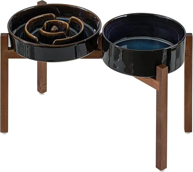 Original Ceramic 3.2 Cup Raised Slow Feeder Dog Bowl Set d 8.2inch Bowl Crafted