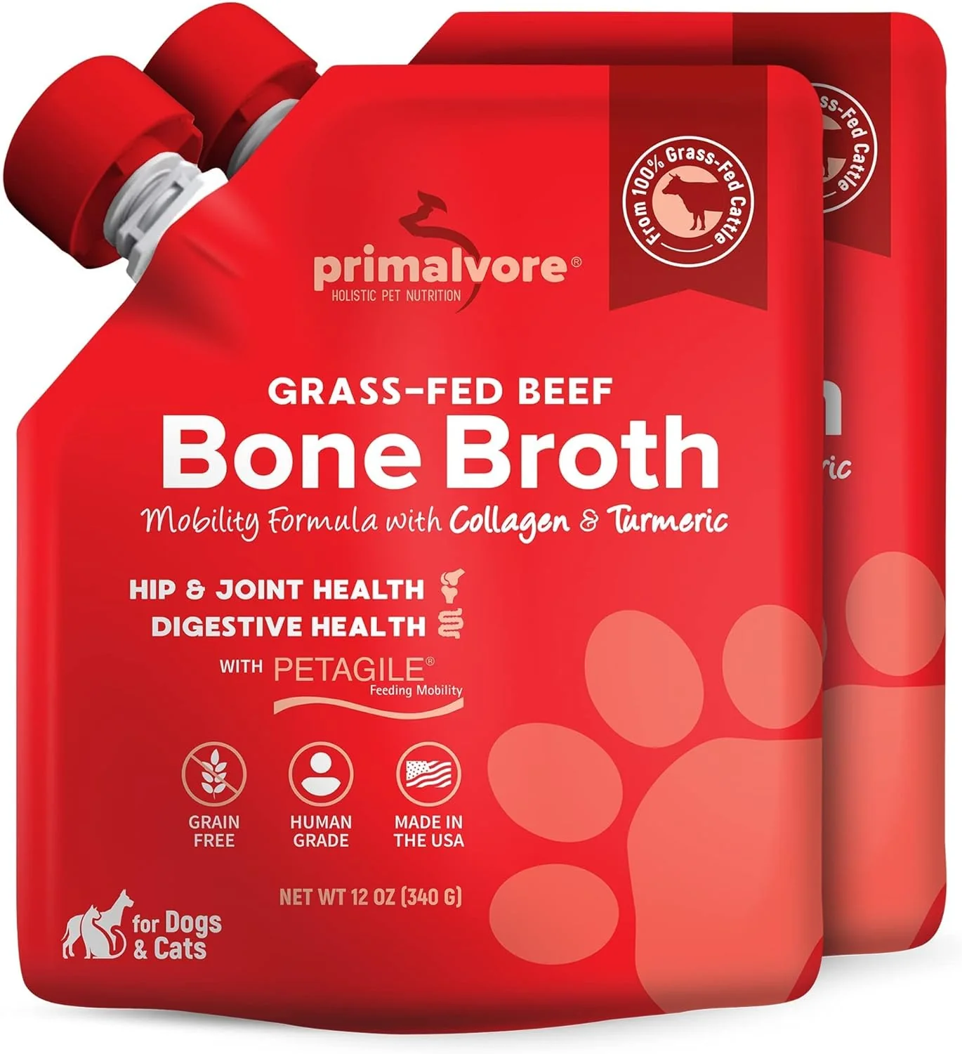 Consistent Primalvore Grass-Fed Beef Bone Broth for Dogs Cats Mobility Formula w Collagen Peptides to Help Support Hip Joints Digestion Skin Coat and Hydration Human Grade Made in USA. Beef 2 Pack Smooth
