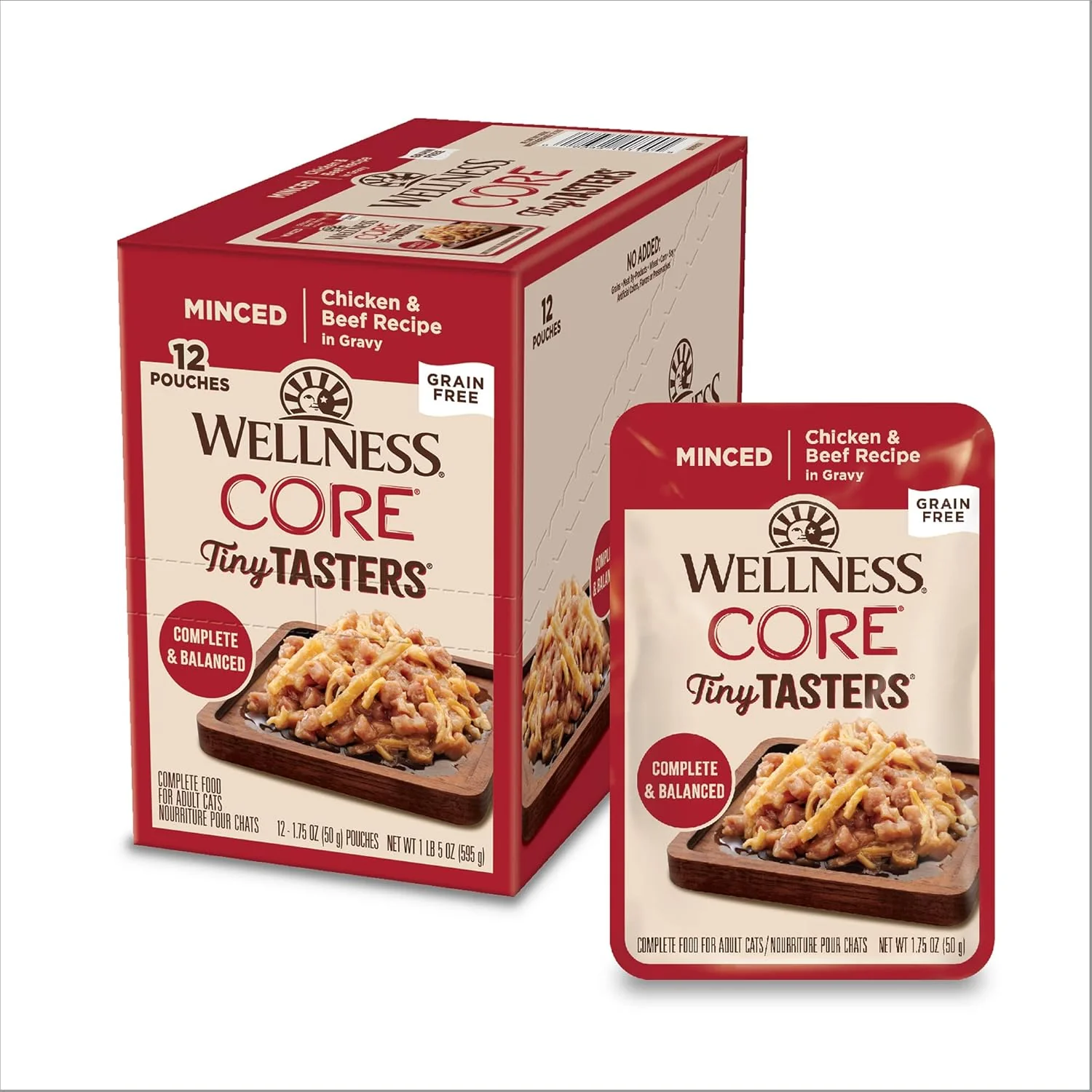Top-Quality Wellness CORE Tiny Tasters Minced Adult Wet Cat Food Natural Protein-Rich Grain 1.75-Ounce Pouch 12 Pack Chicken Beef Advanced
