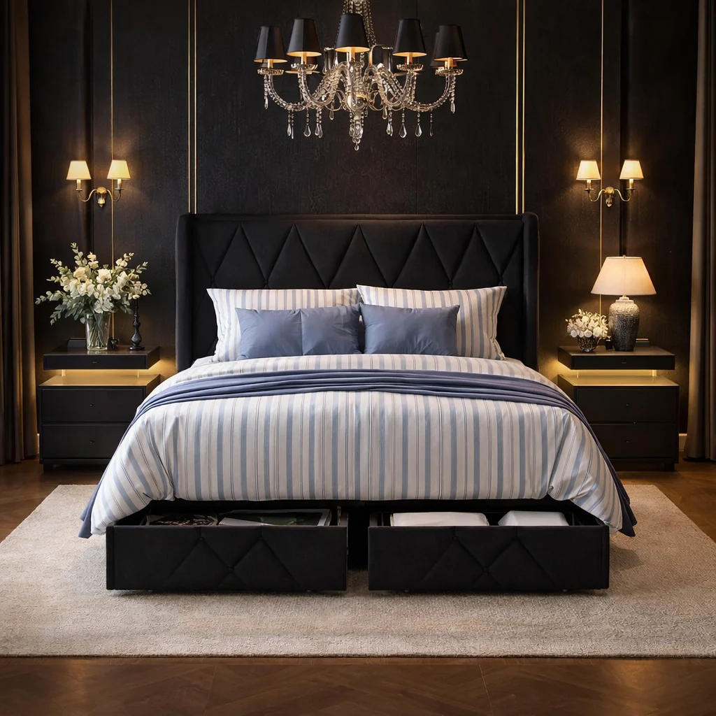 Reusable Queen Upholstered Storage Bed with 4 Drawers and Charging Headboard wi Professional