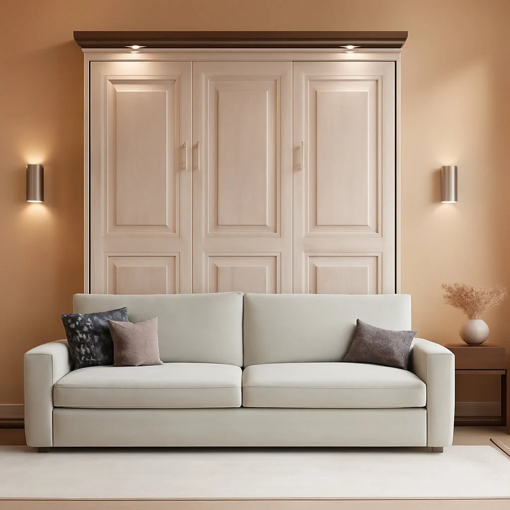 Innovative Queen Size Murphy Wallbed Beige With Convertible Sofa LED Elegant