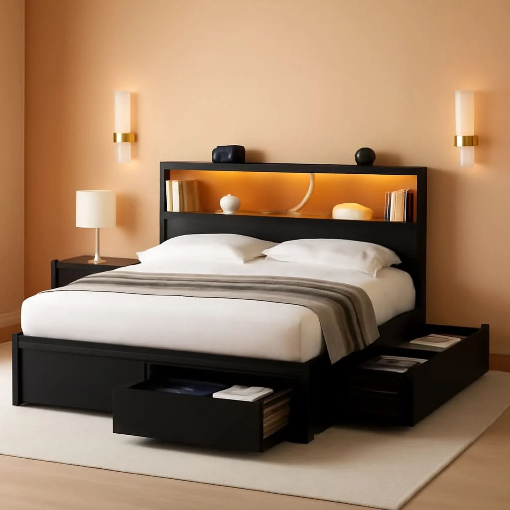 Efficient Vintage Black Queen Storage Bed Frame With USB Ports Breathable