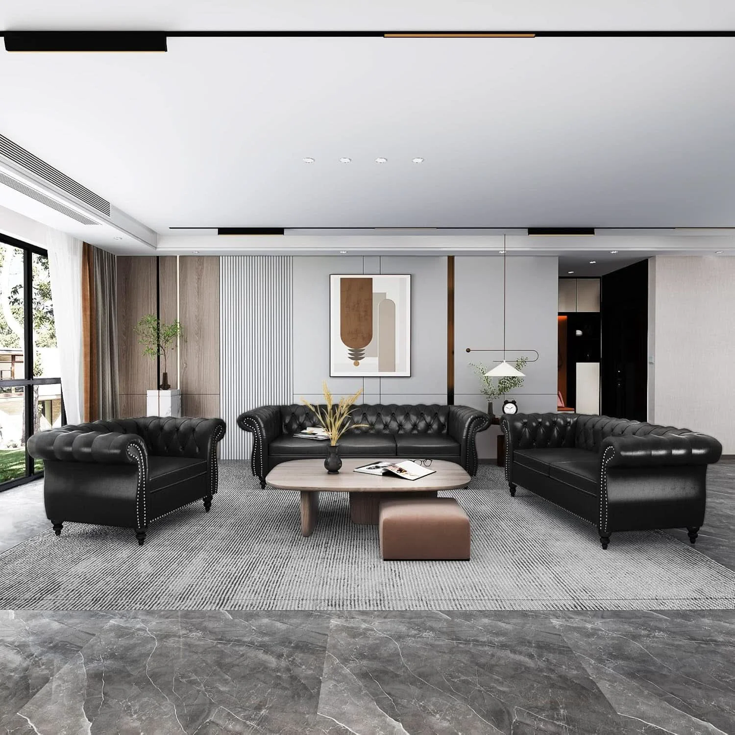 Versatile 3 Piece Living Room Set Sectional Chesterfield Sofa Chair Artificial L Clean