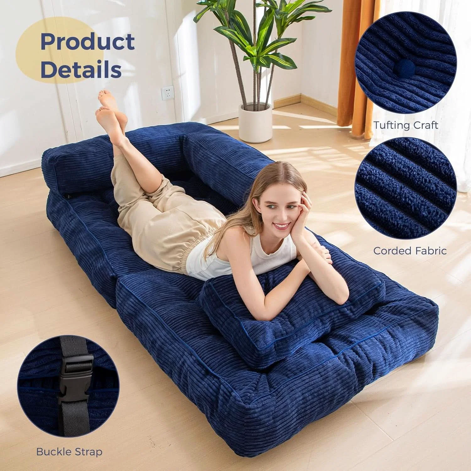 Durable Navy Folding Sofa Bed With Armrests For Living Room Easy-to-Use