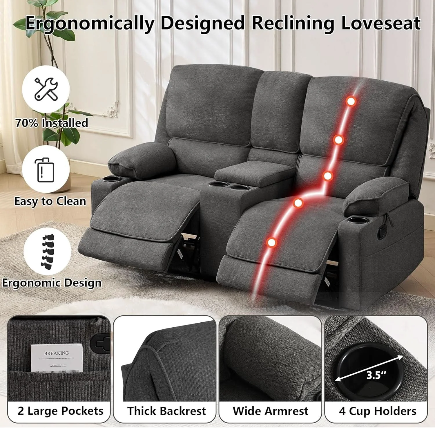 Contemporary 67.9 Inch RV Dark Leatherette Living Room Sofa Recliner Soft