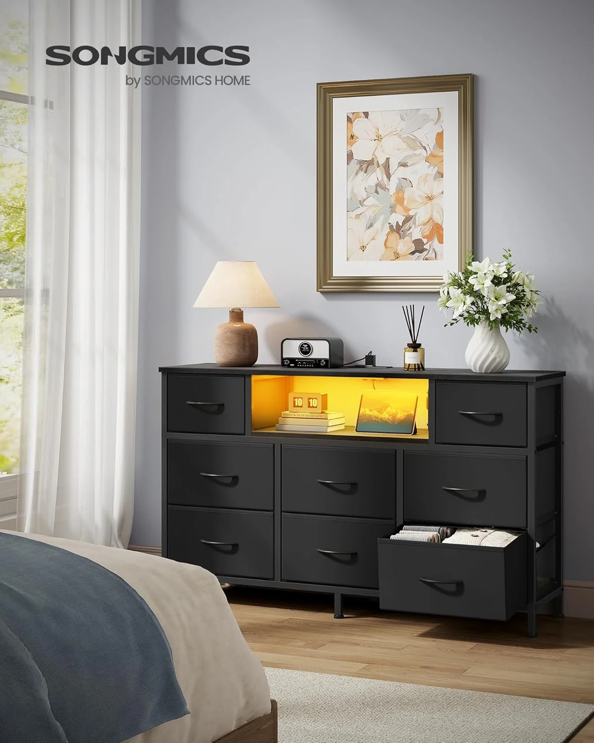 Official Industrial Ebony Dresser With Integrated USB Outlets Innovative