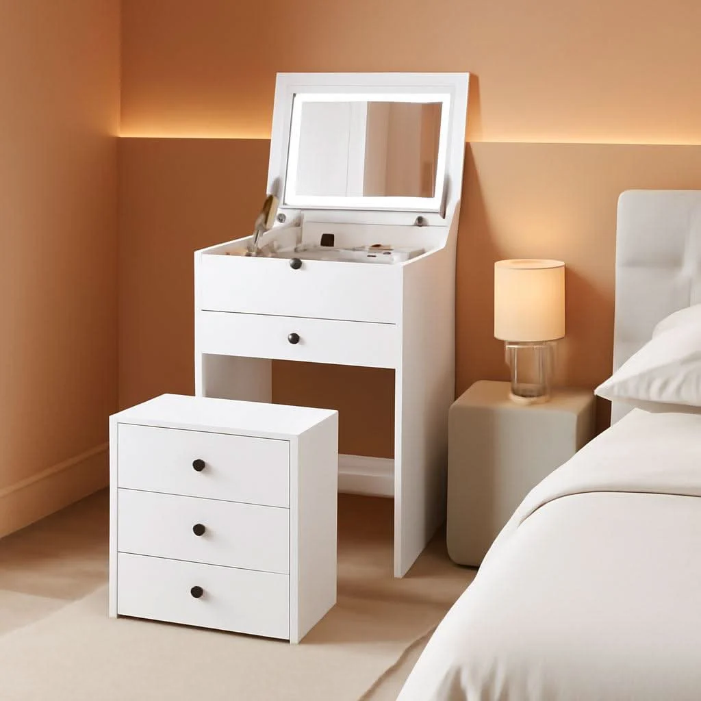 Next-Generation Small White Vanity Desk Illuminated Mirror Storage Convenient