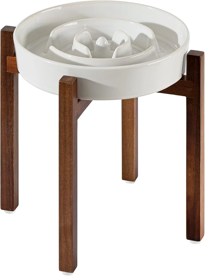 Efficient Ceramic 3.2 Cup Raised Slow Feeder Dog Bowl Set d Acacia Wood Stand for Large Dog 9.5inch Slow Dish Preventing Choking Single Bowl Stand Reactived Glaze -White About ThisOverview Consistent