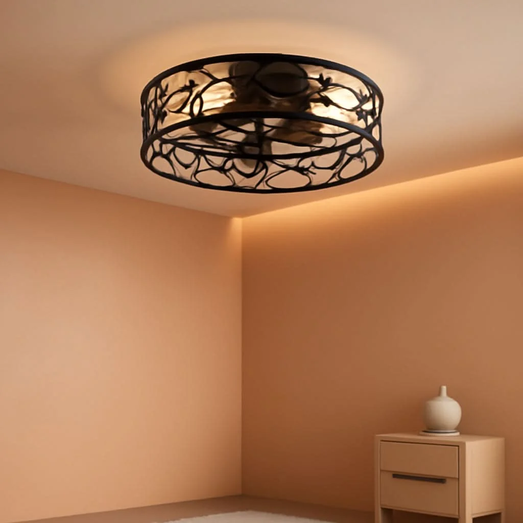 Traditional Black Caged Ceiling Fan With Lights Low Profile Flush Mount Remote Quality