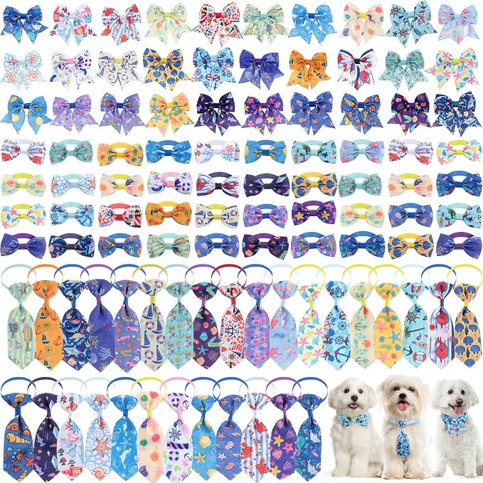 Fashionable Reginary 100 Pieces Dog Bow Tie Collar Set Include 40 Dog Neckties and 30 Natural