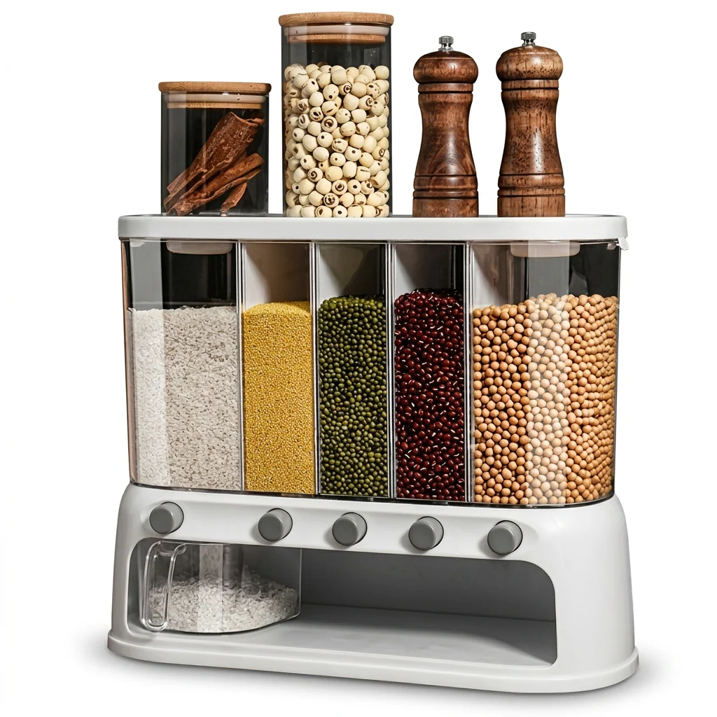 Official 5-Compartment Grain Dispenser Keeps Ce Rice Fresh Healthy