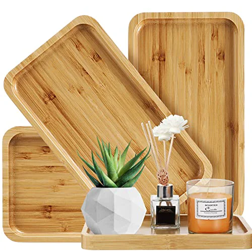 Comfortable 3 Pcs Bamboo Tray for Bathroom Bamboo Vanity Bathroom Counter Organizer Decorative Tea Serving Tray for Dresser Coffee Table Home Decor Toilet Tank Candle Perfume 3 Count Practical