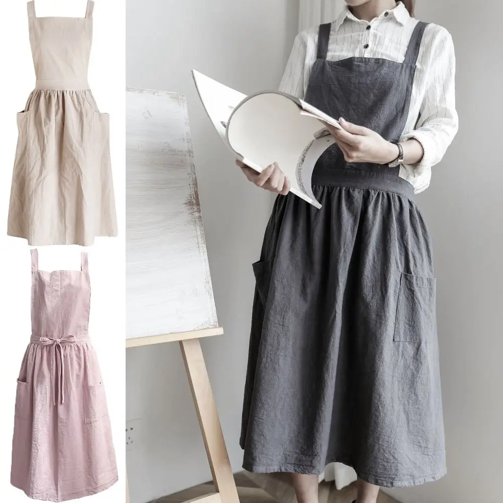 First-Class Pact Cotton Linen Apron – Simple Cross-Back Work Apron for Kitchen Café Florists 4 Colours Green