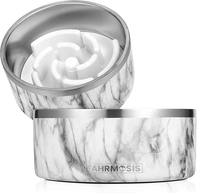 Next-Generation 64 OZ Dog Bowl with Slow Feeder Insert Stainless Steel Pet Water Bowl for Medium Large Breed Non Slip Rubber Base Plastic Puzzle Feeder – White MarbleAbout ThisOverview Fashionable