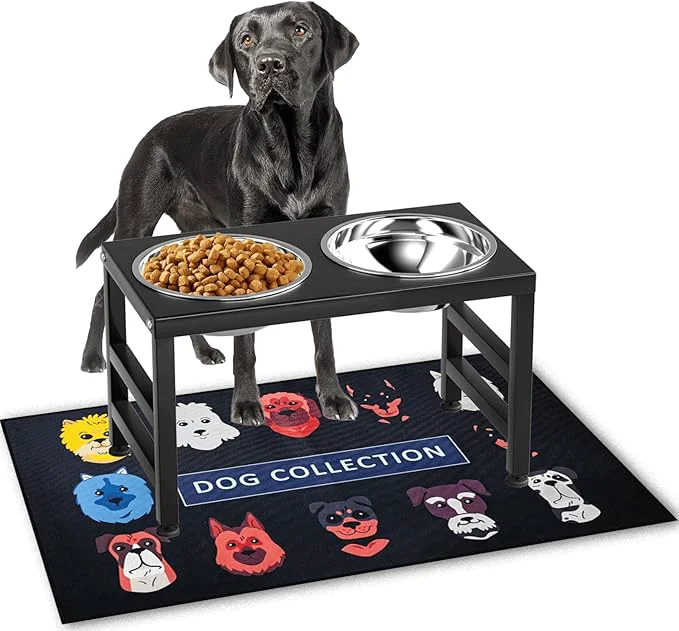 Effective Metal Raised Dog Bowl 10 Tall Dog Feeder Stand with 2 Stainless Steel 42oz Bowls 16×24 Non-Slip Mat – Stronger Dogs Food Water Bowl Stand Black About ThisOverview Sophisticated