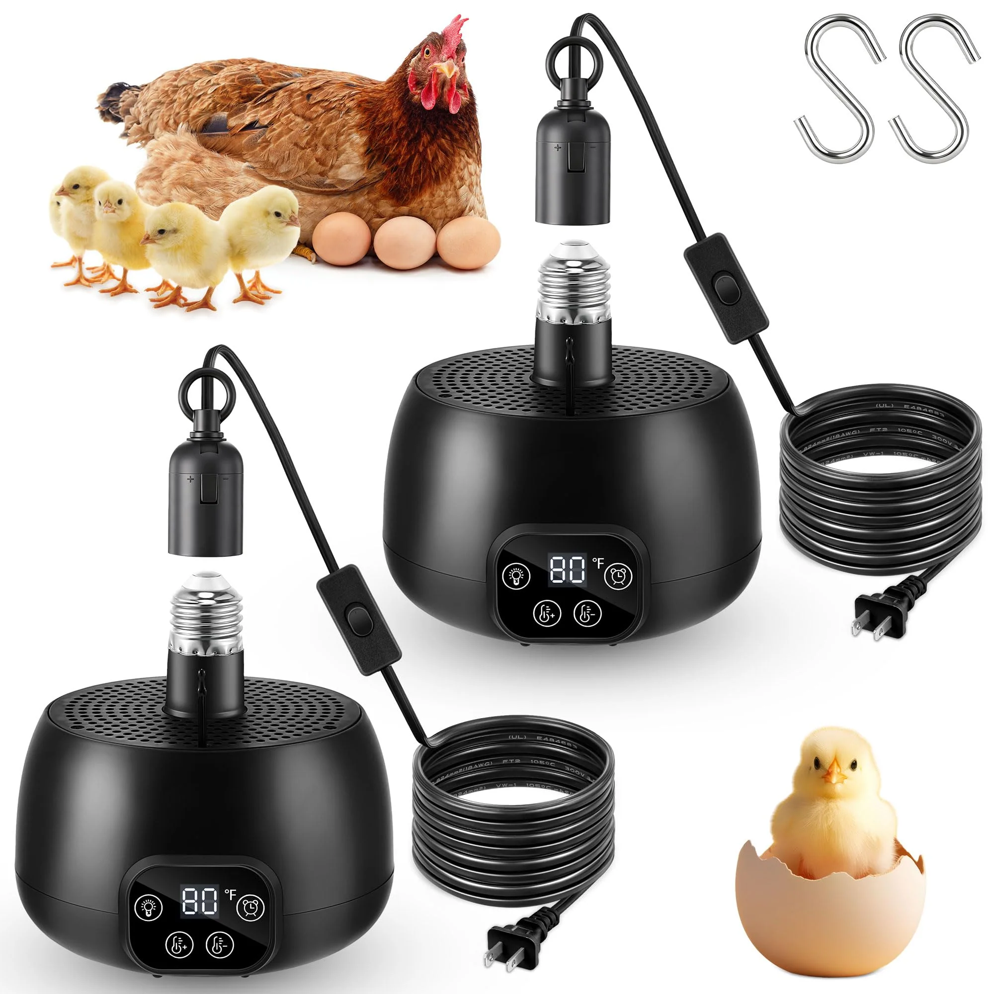 Efficient Enhon Chicken Coop Heater with LED Lighting – Adjustable Temperature Timer 2-Pack 5 ft Cord Elite