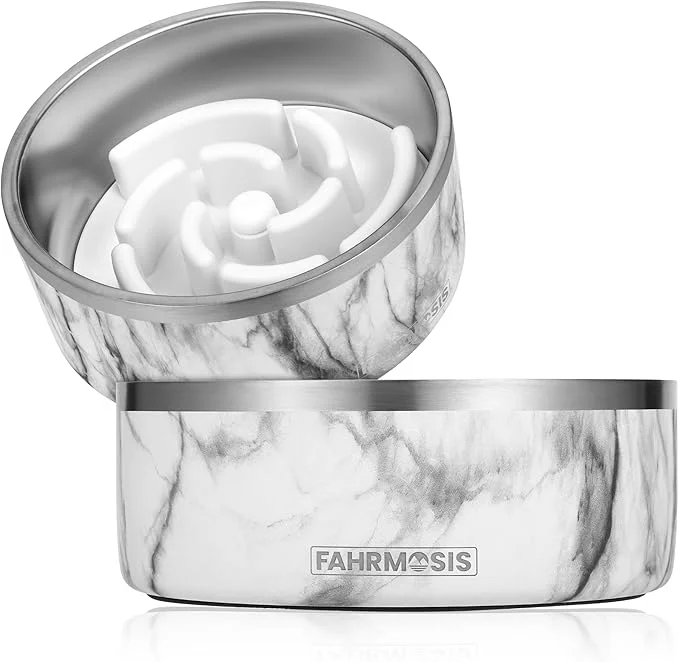 Specialty 32 Oz Dog Bowl with Slow Feeder Insert Stainless Steel Pet Water Bowl for Medium Large Breed Non Slip Rubber Base Plastic Puzzle Feeder – White MarbleAbout ThisOverview Stylish