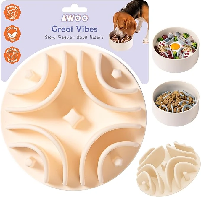 Innovative Awoo Great Vibes – Silicone Slow Feeder for Dog Bowls Over 5.5 Inches – Non-Slip Wet and Dry Food-Compatible Pet Dish with Suction Cups – Extends Mealtime for Fast Eaters – Dishwasher Safe Almond About ThisOverview Professional
