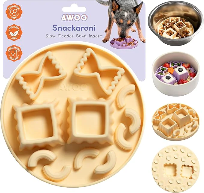 Pure Awoo Snackaroni – Silicone Slow Feeder for Dog Bowls Over 5.5-Inches – Non-Slip Wet and Dry Food-Compatible Pet Dish with Suction Cups – Extends Mealtime for Fast Eaters – Dishwasher Safe Yellow About ThisOverview Official