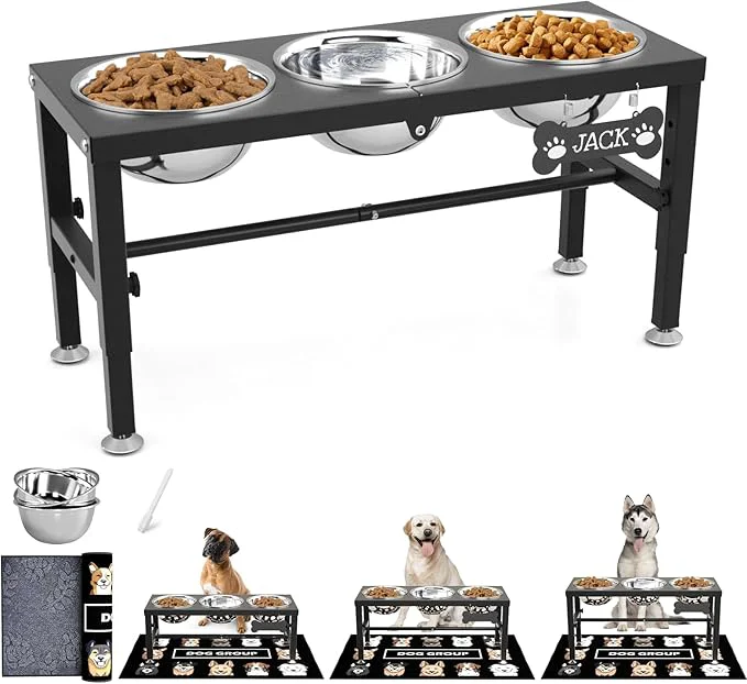 Exclusive SHAINFUN Metal d Dog Bowls Stand for Large Dogs with Mat Three 58oz Food Water Bowls Adjustable Height Raised Dog Bowl StandAbout ThisOverview Detailed