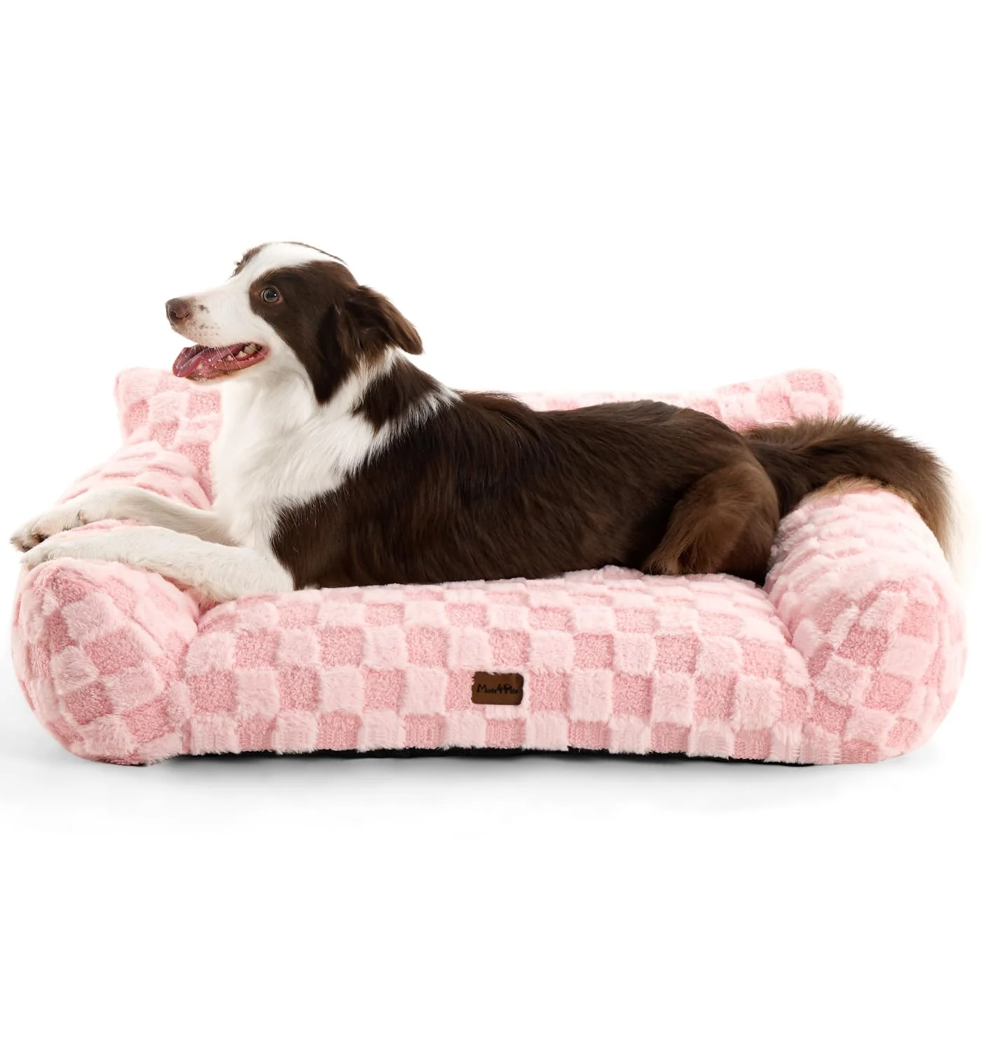 Convenient MADE 4 PETS Dog Couch Bed – Plush Faux Fur Checkered Sofa Pink Large Pure