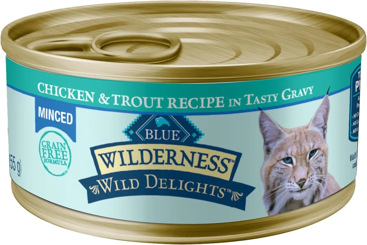 Sophisticated Blue Buffalo Wilderness Wild Delights Minced Wet Cat Food High-Protein Grain- Made with Natural Ingredients Chicken Trout Recipe in Tasty Gravy 5.5-oz. Cans 24 Count Professional