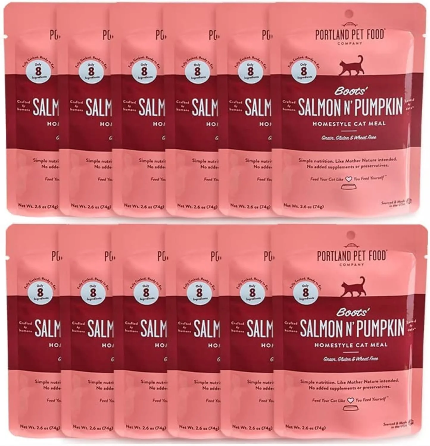 High-End Human-Grade Mixed Variety Pack Wet Cat Food Pouch Boots’ Salmon N’ Pumpkin – Moist Soft Cat Food Mixer Topper and Rotational Meal by Portland Pet Food Company -12 Pack Sophisticated