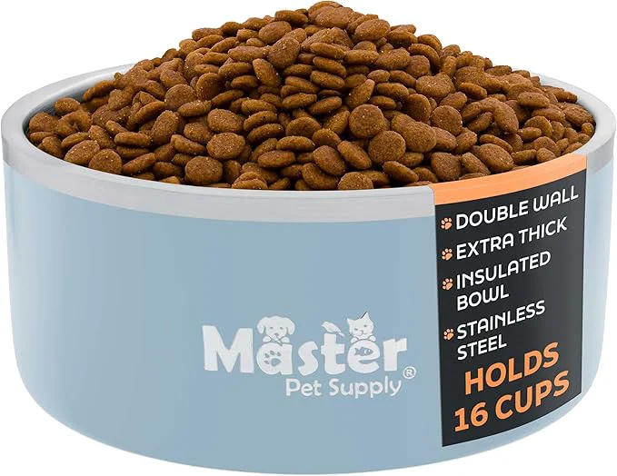 Fast Master Pet Supply Stainless Steel Dog Bowls – 128 oz Heavy Duty – Glacier Blue Double Wall Extra-Thick Insulated Non-Slip Pet Water Bowl for Dogs Cats Pets Anti Rust Metal Dish Washer SafeAbout ThisOverview Modern