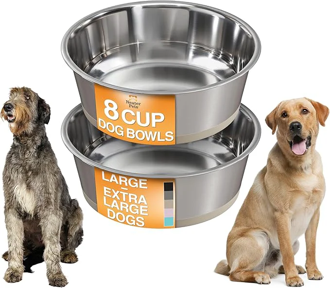 Fine Neater Pet Brands Stainless Steel Dog Bowls with Non-Slip Rubber Bottom – Set of 2 8 Cup 64 oz Tan – Heavy Duty Metal Dog Bowl Dishwasher Safe Food or Water Bowl I for Large DogsAbout ThisOverview Selected
