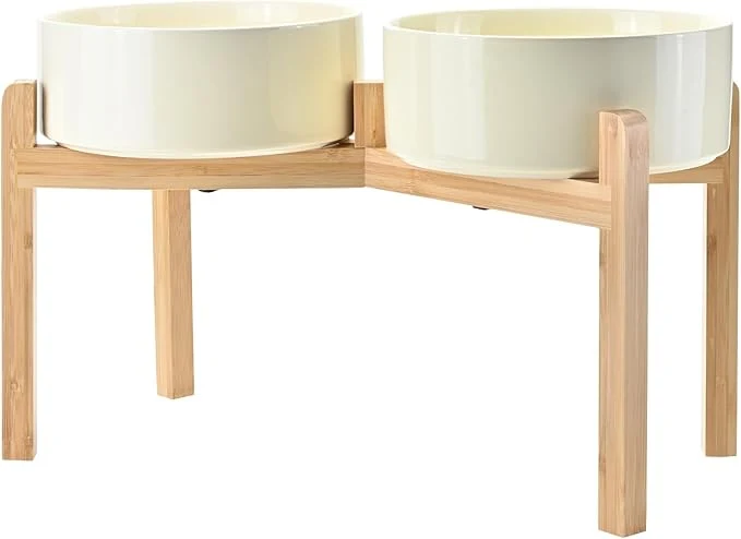 Relaxed SPUNKYJUNKY d Dog Bowls Ceramic 8.3” Dogs Food Water Bowls Raised with Non-Slip Bamboo Stand for Large Sized Breed Microwave Dishwasher Safe – 60 OZ BeigeAbout ThisOverview Natural