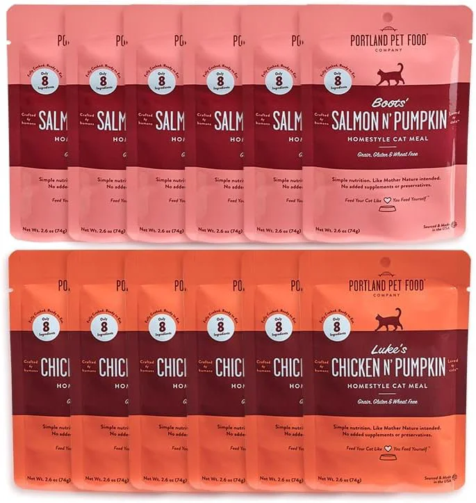 User-Friendly Human-Grade Mixed Variety Pack Wet Cat Food Pouch — Moist Soft Cat Food Mixer Topper and Rotational Meal 6 Chicken 6 Salmon by Portland Pet Food Company Classic