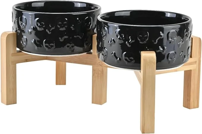Smooth SPUNKYJUNKY d Dog Bowls Ceramic 6.1” Dogs and Cat Food Water Bowls Raised with Non-Slip Bamboo Stand for Medium Sized Breed Microwave Dishwasher Safe – 28.7 OZ Skull BlackAbout ThisOverview Practical