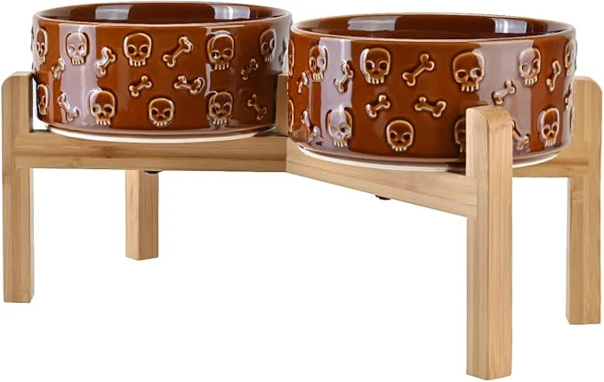 Artisan SPUNKYJUNKY d Dog Bowls Ceramic 7.3” Dogs Food Water Bowls Raised with Non-Slip Bamboo Stand for Medium to Large Sized Breed Microwave Dishwasher Safe – 42 OZ Skull BronzeAbout ThisOverview Sustainable