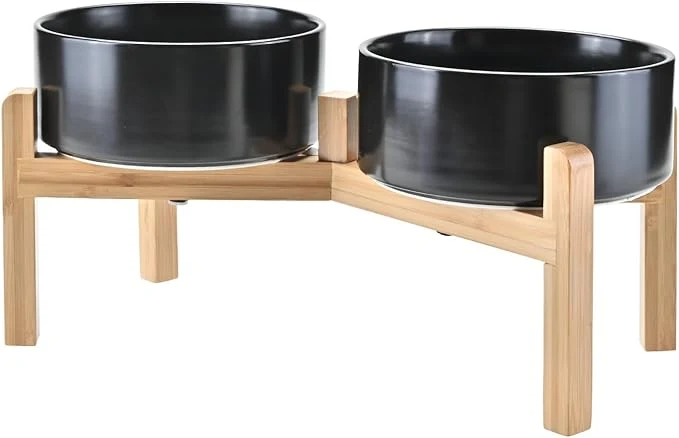 Versatile SPUNKYJUNKY d Dog Bowls Ceramic 7.3” Dogs Food Water Bowls Raised with Non-Slip Bamboo Stand for Medium to Large Sized Breed Microwave Dishwasher Safe – 42 OZ BlackAbout ThisOverview Optimized