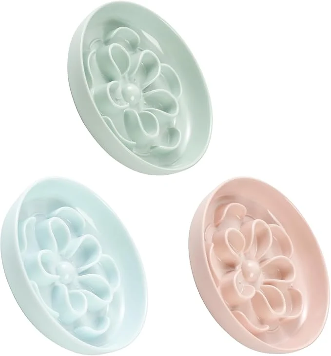 Fashionable Melamine Cat Slow Feeder Bowl Set – Floral Maze Food Dishes for Cats and Small Dogs – Shallow Wide Plates for Dry Wet Food – 3 Pack – Green Blue PinkAbout ThisOverview Original
