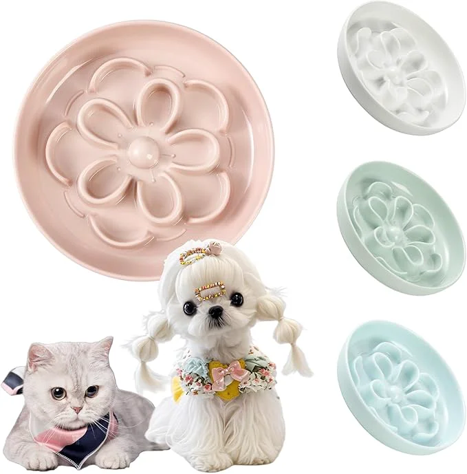 Comfortable Melamine Cat Slow Feeder Bowl – Floral Maze Cat Food Dish – Flat Plate for Dry Wet Food – Cute Kitten Bowl – Dishwasher Safe – 6.3” W x 1” H – 5.5 oz 160g – PinkAbout ThisOverview Smooth