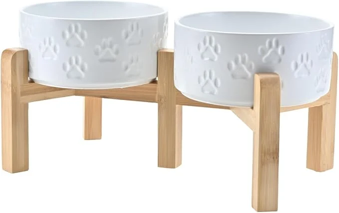 Proven SPUNKYJUNKY d Dog Bowls Ceramic 6.1” Dogs and Cat Food Water Bowls Raised with Non-Slip Bamboo Stand for Medium Sized Breed Microwave Dishwasher Safe – 28.7 OZ Paw WhiteAbout ThisOverview Authentic