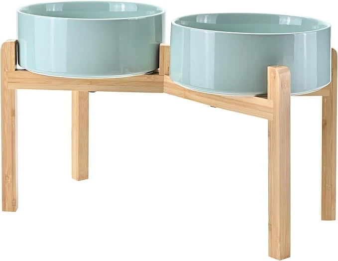 Smooth SPUNKYJUNKY d Dog Bowls Ceramic 8.3” Dogs Food Water Bowls Raised with Non-Slip Bamboo Stand for Large Sized Breed Microwave Dishwasher Safe – 60 OZ Light GreenAbout ThisOverview Artisan