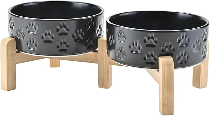 Quality SPUNKYJUNKY d Dog Bowls Ceramic 5.1” Dogs and Cat Food Water Bowls Raised with Non-Slip Bamboo Stand for Puppy Small Sized Breed Microwave Dishwasher Safe – 13.5 OZ Paw BlackAbout ThisOverview Trendy