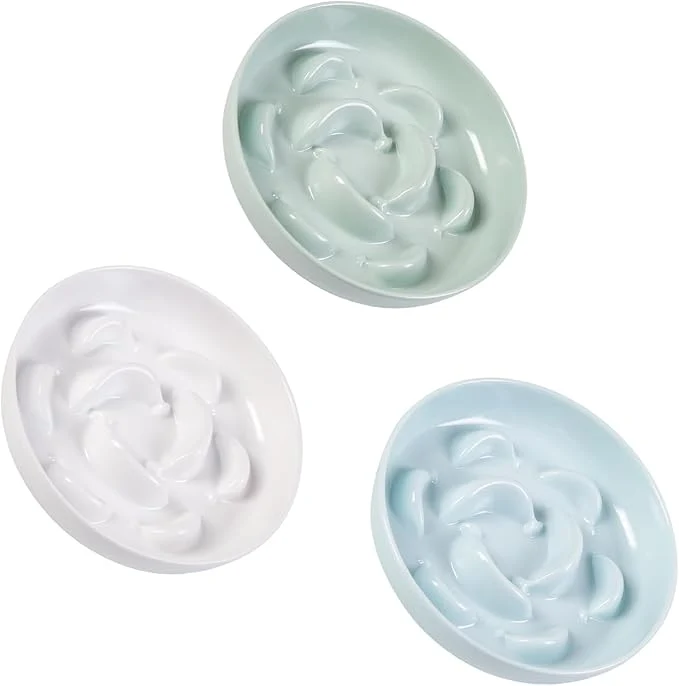Refined Melamine Slow Feeder Cat Bowls – Set of 3 Cat Food Dishes – Fun Maze Design for Slow Feeding – Dishwasher Safe – White Blue GreenAbout ThisOverview Recyclable