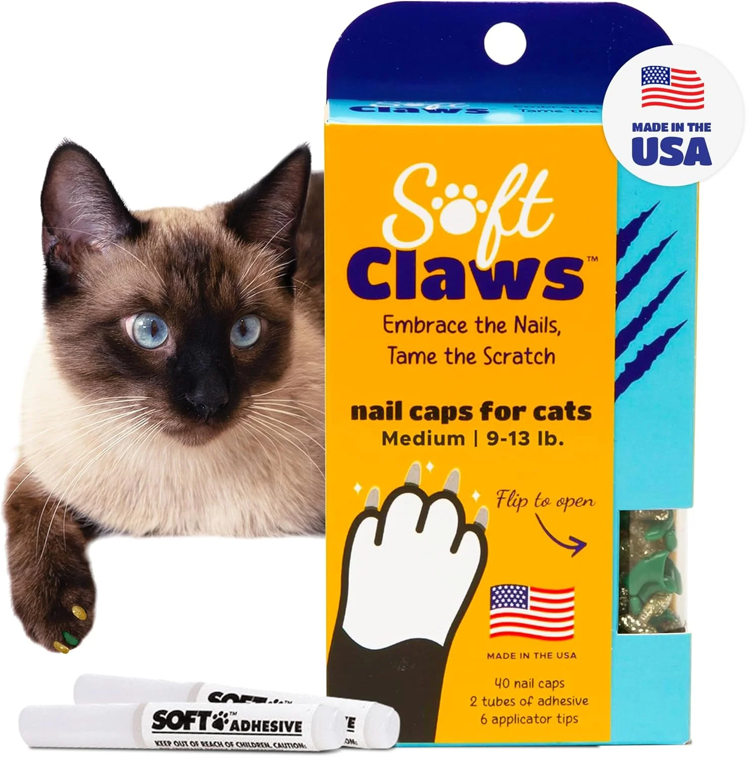 Trendy Soft Claws Cat Nail Caps for Medium Cats – 40 Caps Green Gold – Made in USA – Veterinarian-Developed Protects Furniture Skin – Easy to Apply Long-Lasting Anti-Scratch Soft Cat Claw Covers Prestigious