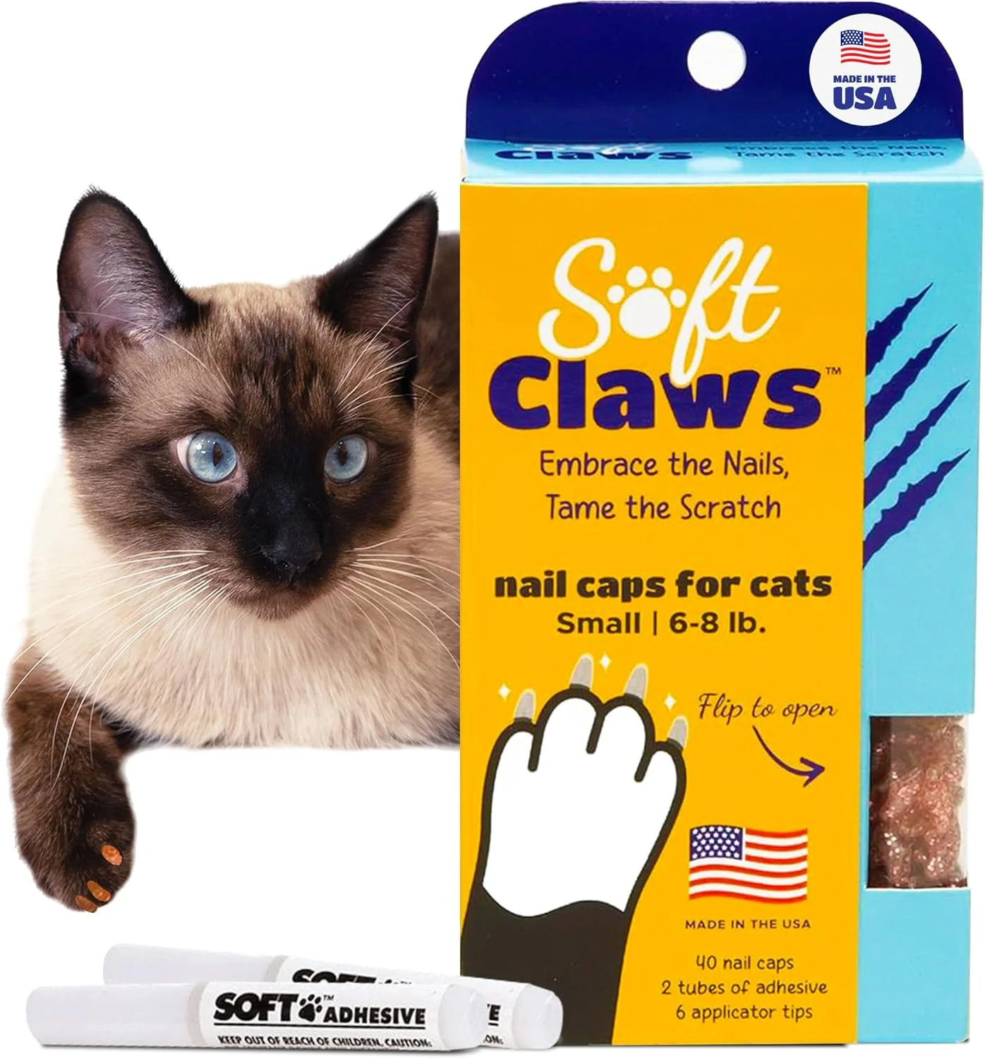 Clean Soft Claws Cat Nail Caps for Small Cats– 40 Caps Pink Sparkle -Made in USA-Veterinarian-Developed Non-Toxic Protects Furniture Skin-Easy to Apply Long-Lasting Anti-Scratch Soft Cat Claw Covers First-Class