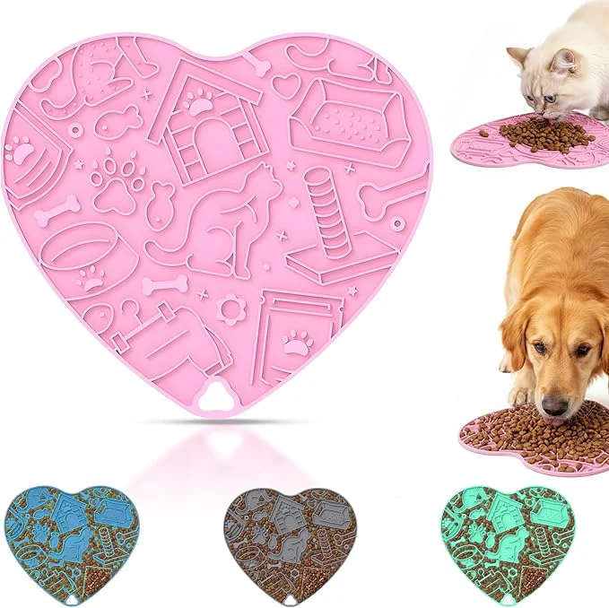 Organic Silicone Slow Feeder Dog Cat Bowl with Suction Cups – Non-Slip Fun Pattern for Dogs and Cats Interactive Pet Enrichment Bowl Treat Eating Feeder Heart-Shaped Mat Compatible Cherry Blossom Pink About ThisOverview Recyclable