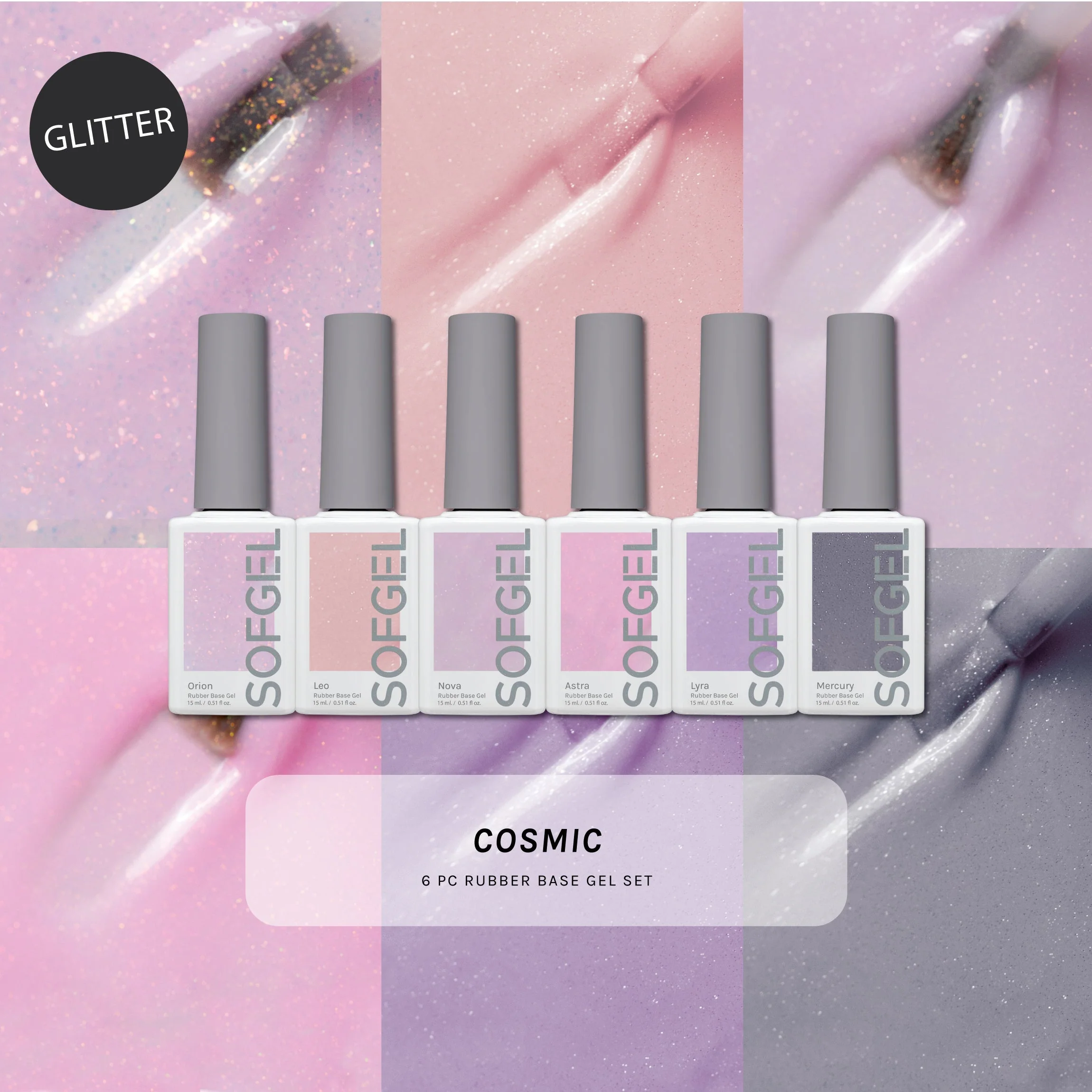 Stylish Cosmic Rubber Base Gel Set of 6 Colors Optimized