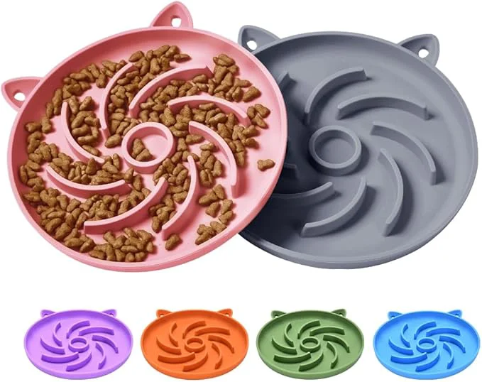 Soft 2Pcs Slow Feeder Cat Bowl Puzzle Feeder Interactive Toys Slow Feeding cat Bowl Suitable for All Dry and Wet Foods Easy to Clean Silicone Bowls Grey and Pink About ThisOverview Genuine